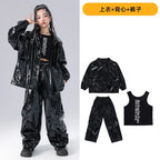 Boys K-pop Fashion Leather Jacket Street Dance Cargo Pants Girl Hip Hop Streetwear Kids Children Jazz Shiny Costume Clothes Sets