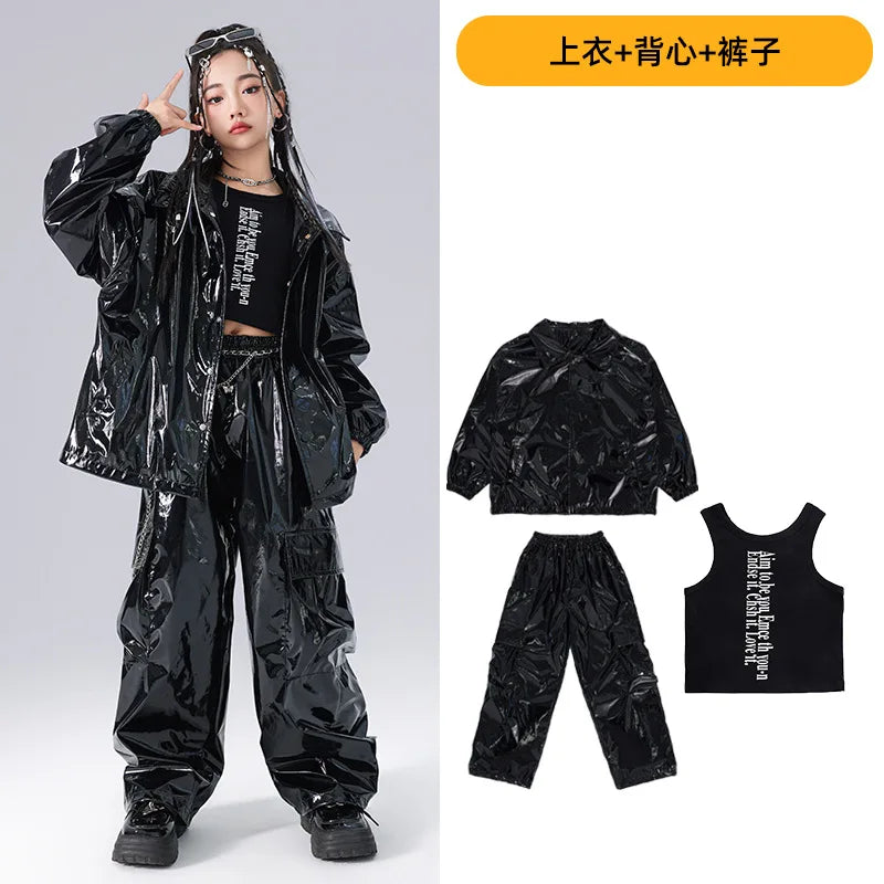 Boys K-pop Fashion Leather Jacket Street Dance Cargo Pants Girl Hip Hop Streetwear Kids Children Jazz Shiny Costume Clothes Sets