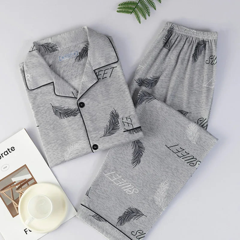 Men's Thin Cotton Pajamas Long Sve Long Pants Two-Piece Set Casual