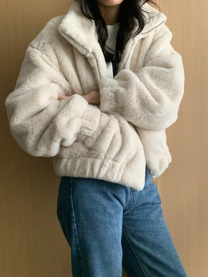 Women Autumn Winter Thicken Warm Coat Stand-Collar Loose Fur Plush Zipper Jacket Soft Comfortable Casual Simple Solid Outerwear