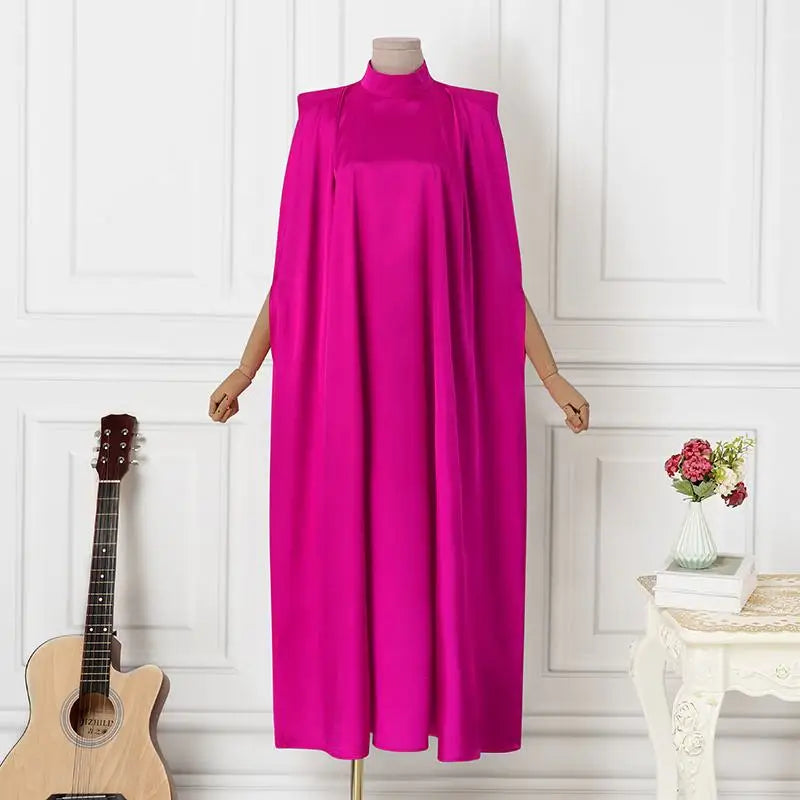 Elegant Evening Dress VONDA Women Pleated Stand Collar Long Sleeve Satin Party Sundress Autumn Casual Solid Loose Robe Vestidos