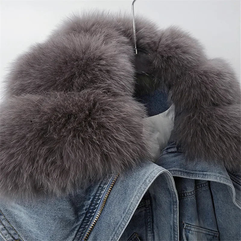 Big Fox Fur Collar Down Cotton Denim Jacket Women Vintage Cowboy Outerwear Winter Thick Loose Short Zipper Jeans Jacket Female