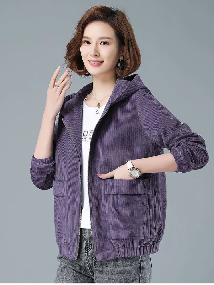 Corduroy Short Coat 5XL Women's 2025 Spring Autumn New Korean Loose Solid Hooded Jacket Fashion Casual Female Zipper Coat Tops