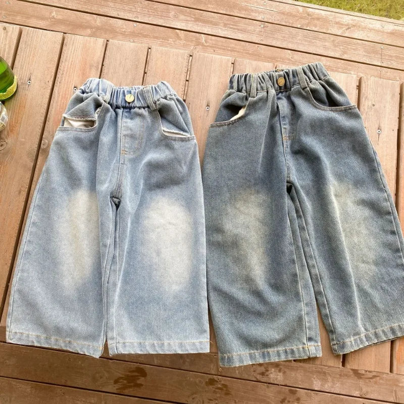 Children Wide Leg Jeans Spring Autumn Boy and Girl Elastic Waist Straight Leg Denim Pants Kids Casual Versatile Trousers A40056