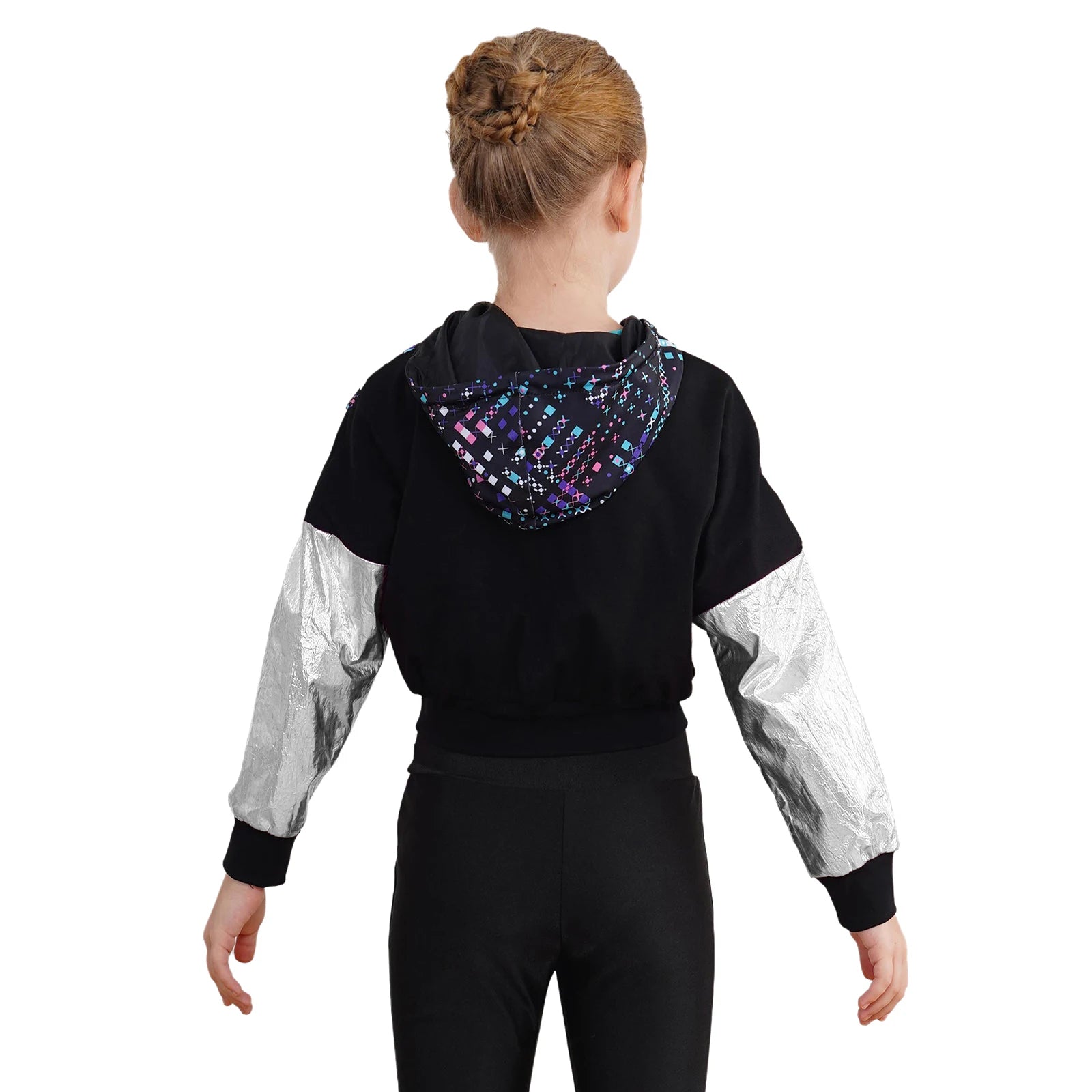 Girls Fashion Print Short Jacket Casual Coat Hooded Tops Long Sleeve Zipper Jacket Outerwear Jazz Dance Performance Costume