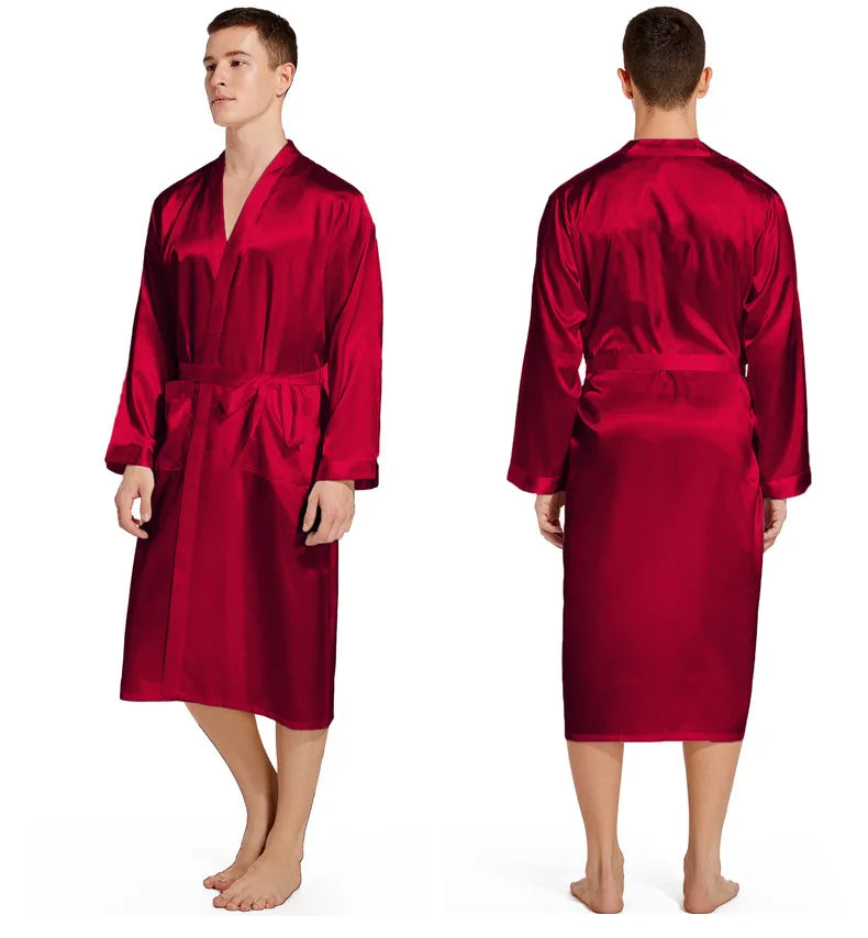 Men Long Bathrobe Sleepwear Navy Blue Silk Satin Bridegroom Wedding Robe Kimono Gown Spring Summer Home Clothes Loungewear