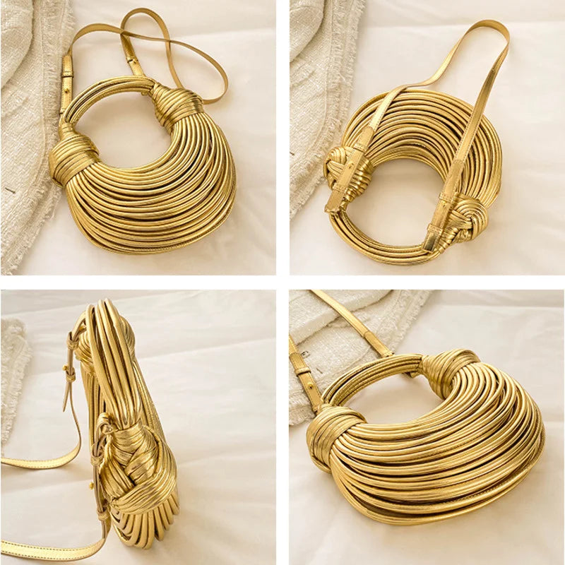 Women 2025 New Gold Luxury Designer Brand Handwoven Noodle Bags Rope Knotted Pulled Hobo Silver Evening Clutch Chic