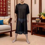 Men's Solid Color Mesh Transparent Short-Sleeved Robe Sexy Retro Fashion Trend Loose Casual Breathable Summer New Men's Tops