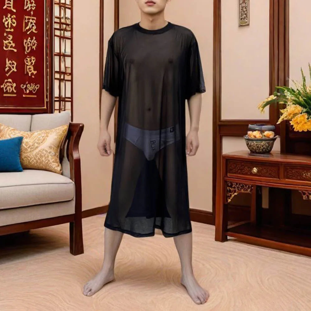 Men's Solid Color Mesh Transparent Short-Sleeved Robe Sexy Retro Fashion Trend Loose Casual Breathable Summer New Men's Tops