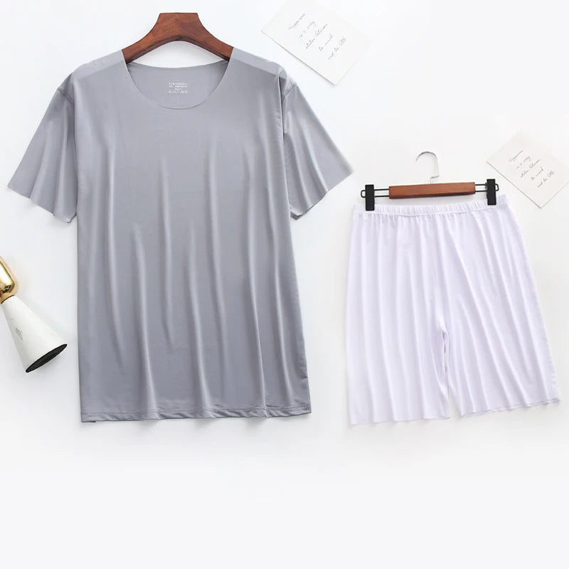 Men Ice Silk Pajamas Solid Shirt & Pants 2Pcs Pijamas Sleep Set Casual Male Home Clothes Summer Pyjamas Sleepwear Nightwear Suit