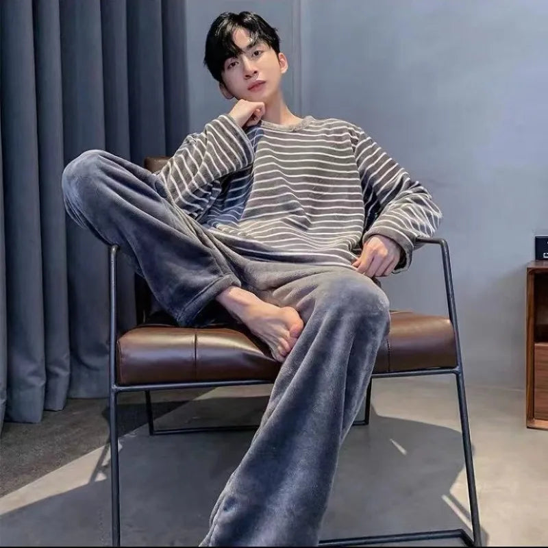 Winter Flannel Pajamas Set Men Korean Teen Students Striped Sleepwear Coral Fleece Pullover Trousers Pjs Set Homewear Loungewear