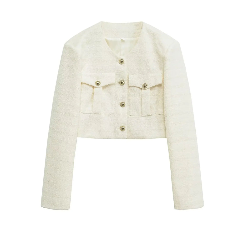 Women's Jacket Autumn New Style White Long Sleeve Button Decorative Short Jacket Aristocratic Style Personalized Fashion