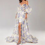 Sexy Strapless Puff Sleeve Bohemian Dress Fashionable Flower Print Bandage Long Dress Elegant Hight Waist Split Evening Dresses