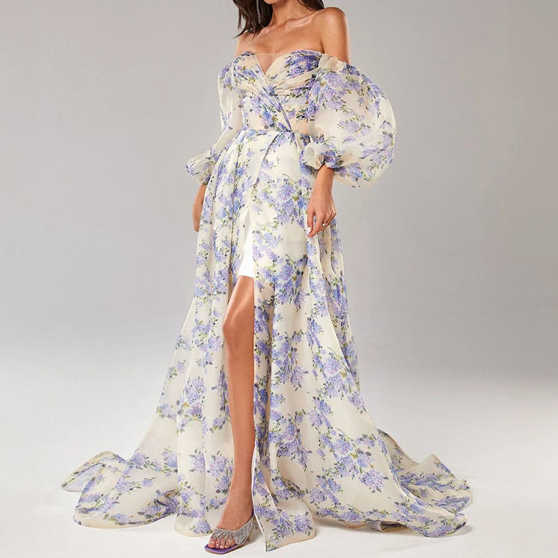 Sexy Strapless Puff Sleeve Bohemian Dress Fashionable Flower Print Bandage Long Dress Elegant Hight Waist Split Evening Dresses
