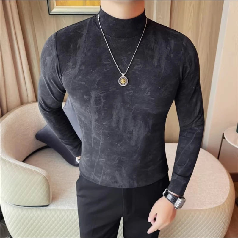 Men Tie-Dye Long-Sleeve T-Shirt | Half-High Collar Base Layer Trendy Versatile Casual Wear 95% Cotton Breathable  Sweat-wicking