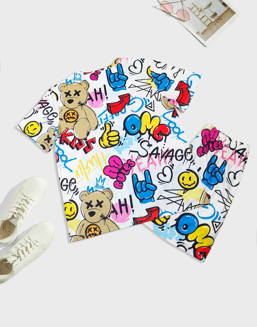 Men's fashionable casual style pajamas hort sleevehome clothing cartoon printed hip-hop sd shorts two-piece set for couples