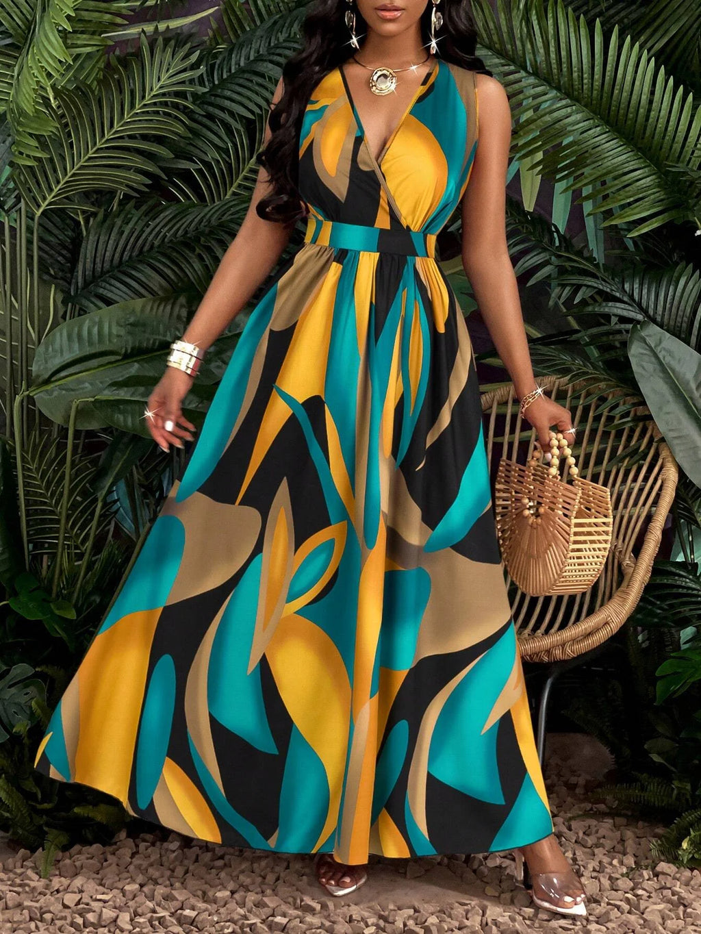 Tropical Print V-Neck Waist Section Cable Knit Fit And Flare Dress Maxi Women Outfit