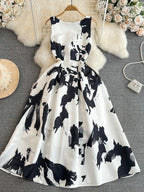 Faionable Ele Vest Long Dr High Waist Slim A-Line Print Maxi Skirt round Ne Svel Women's Summer Dr