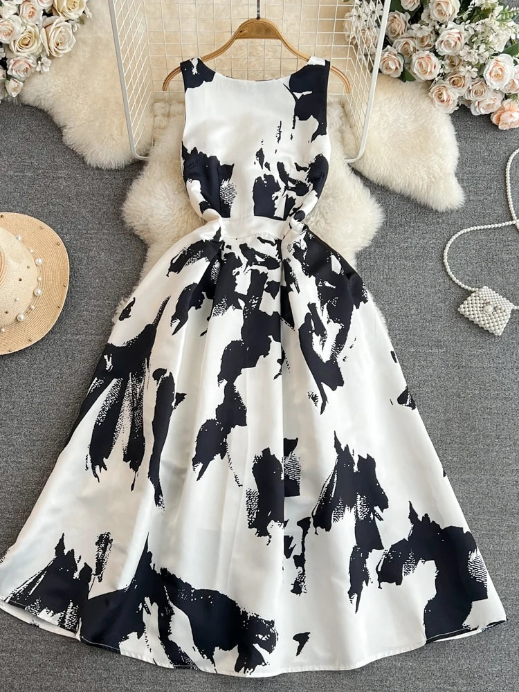 Faionable Ele Vest Long Dr High Waist Slim A-Line Print Maxi Skirt round Ne Svel Women's Summer Dr