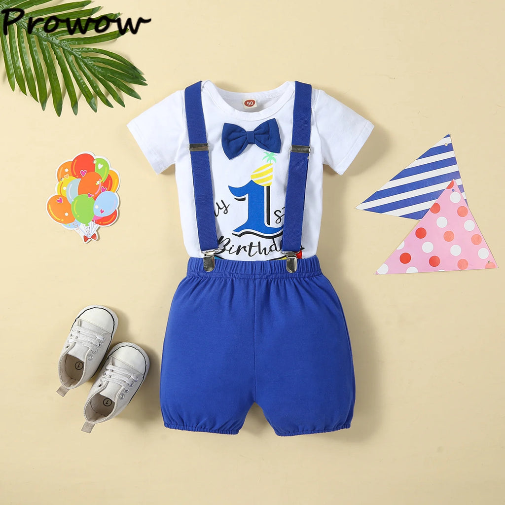 Baby Boys Birthday Outfits Sets Balloon Letter"1" Bodysuit and Y-back Suspender Shorts 1 Year Birthday Baby Cake Smash Clothes