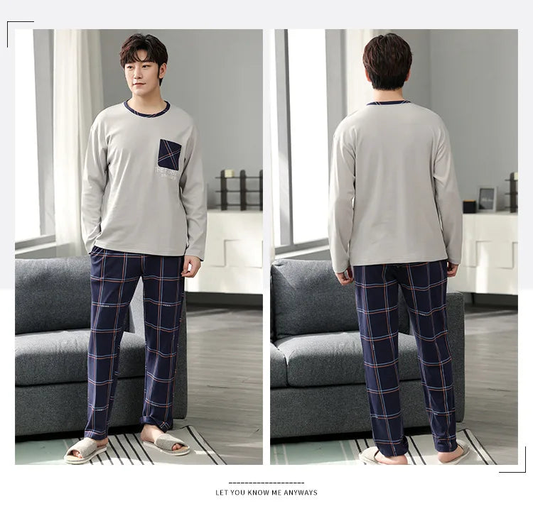 Fashion Lounge Pajamas Sets Men's Spring New Long-sleeved Tops with Trousers Cotton Homewear Comfort Simple Sleepwear Two Pieces