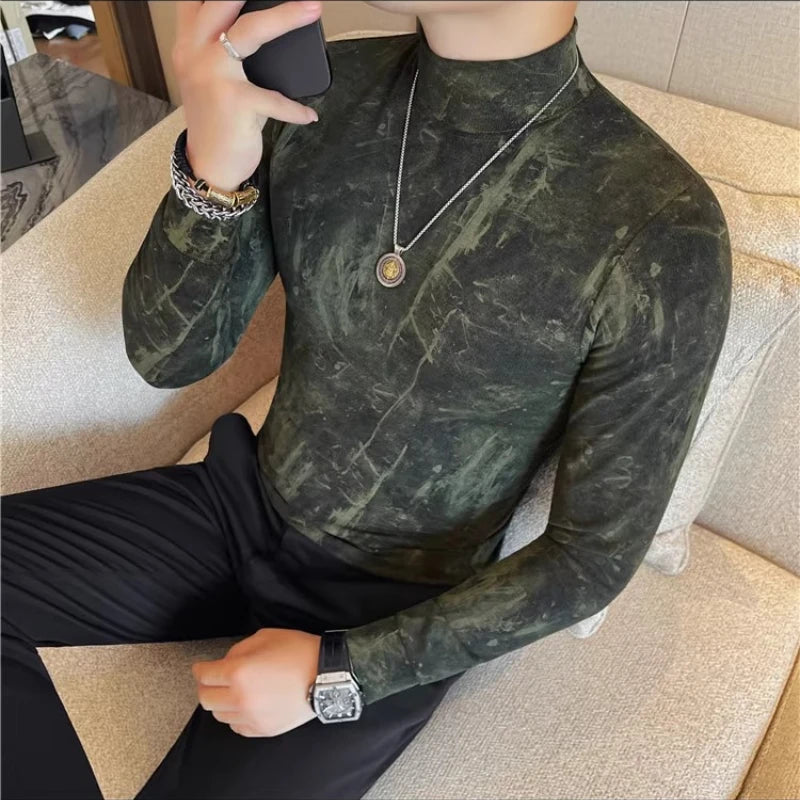 Men Tie-Dye Long-Sleeve T-Shirt | Half-High Collar Base Layer Trendy Versatile Casual Wear 95% Cotton Breathable  Sweat-wicking