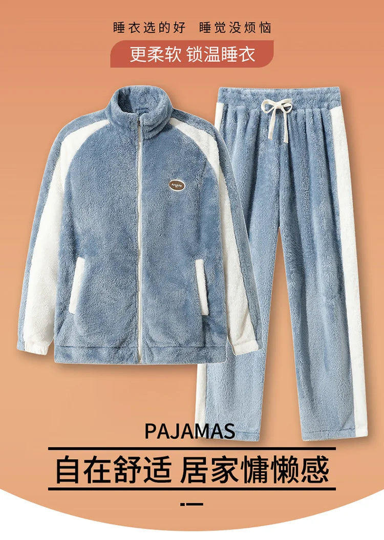 Men's Pajamas made of coral fleece, Plus Size 8XL, spliced, square collar, long sleeves, long pants, warm Sleepwear Set
