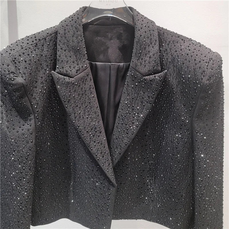 WTHT New Trendy Women's Heavy Industry Diamonds Slim Blazer 2025 Autumn Fashion Lapel Long Sleeves Jacket Female 1LS2291