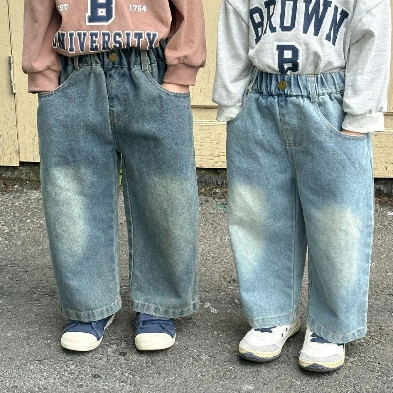 Children Wide Leg Jeans Spring Autumn Boy and Girl Elastic Waist Straight Leg Denim Pants Kids Casual Versatile Trousers A40056