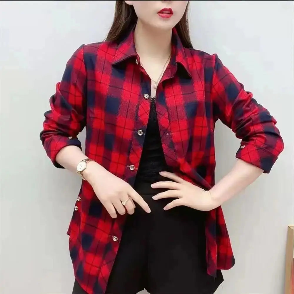 Vintage Printed Loose All-match Plaid Shirt Women's Clothing 2023 Autumn Winter New Oversized Casual Tops Long Sleeve Blouse