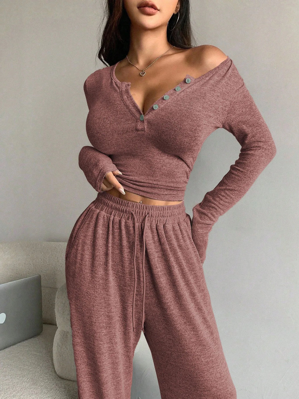 Women's Pajamas Sexy Tight-fitting Button V-neck Long-sleeved Drawstring Long Trousers Two-piece Set Casual Simple Homewear