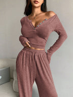 Women's Pajamas Sexy Tight-fitting Button V-neck Long-sleeved Drawstring Long Trousers Two-piece Set Casual Simple Homewear