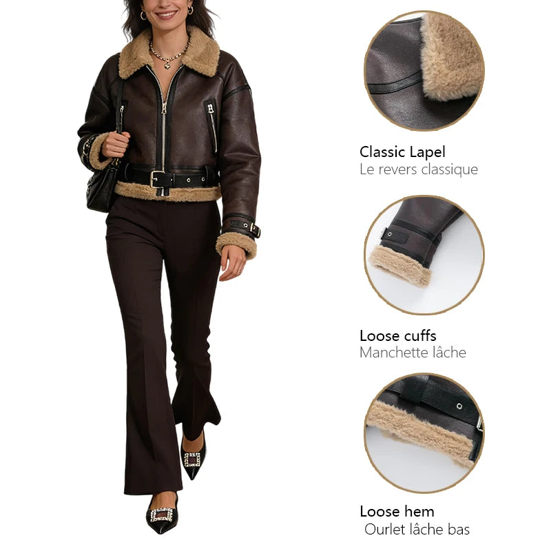 Womens Short Jacket With Leather And Plush Patchwork Belted Waist Zipper Pockets Retro Cool Commuter Jacket Woman Clothes Tops