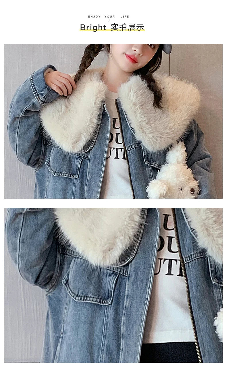 junior girl winter jackets vetement enfant fille Thickened inner rabbit fur denim jacket teenr outerwear kids warm coat overwear