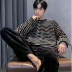 Winter Flannel Pajamas Set Men Korean Teen Students Striped Sleepwear Coral Fleece Pullover Trousers Pjs Set Homewear Loungewear