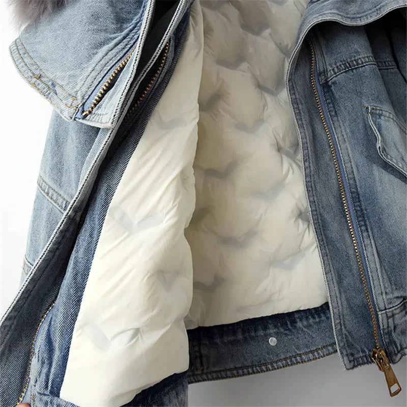 Big Fox Fur Collar Down Cotton Denim Jacket Women Vintage Cowboy Outerwear Winter Thick Loose Short Zipper Jeans Jacket Female
