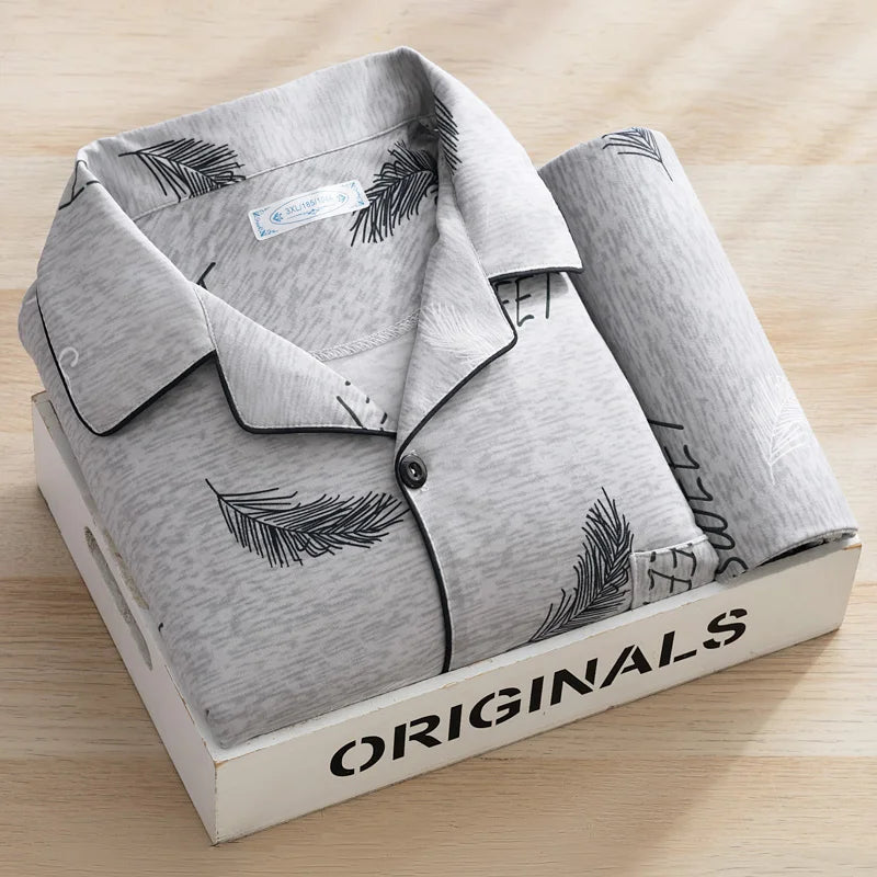 Men's Thin Cotton Pajamas Long Sve Long Pants Two-Piece Set Casual