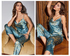 Women Pajamas Sexy Print Cherry Suspender Pijamas Suit Sleepwear Spring Summer Silk Rayon Home Clothes Sling Pants Two Piece Set