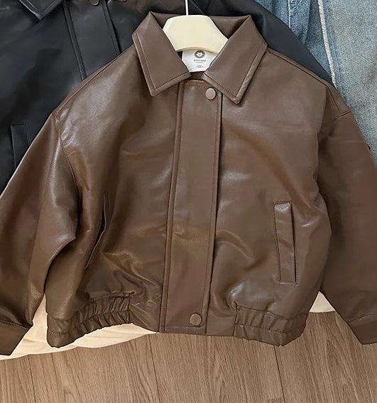 Jackets Girl Loose Autumn New Children PU Locomotive Leather Clothing Loose Coat Boy Handsome Leather Clothing 2024