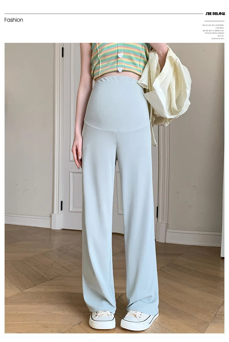 Maternity Clothings Maternity Wide Leg Pregnancy Pants Wear Trousers with Vertical Stripes Clothes for Pregnant Women