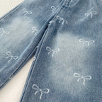 New autumn clothing for babies aged 0-3, with bow printed denim pants for baby girls, fashionable