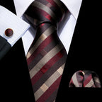 Male Luxury Neck Tie For Men Business Red Striped Silk Tie Hanky Cufflinks Set Barry.Wang Fashion Neckwear Wedding Party Casual