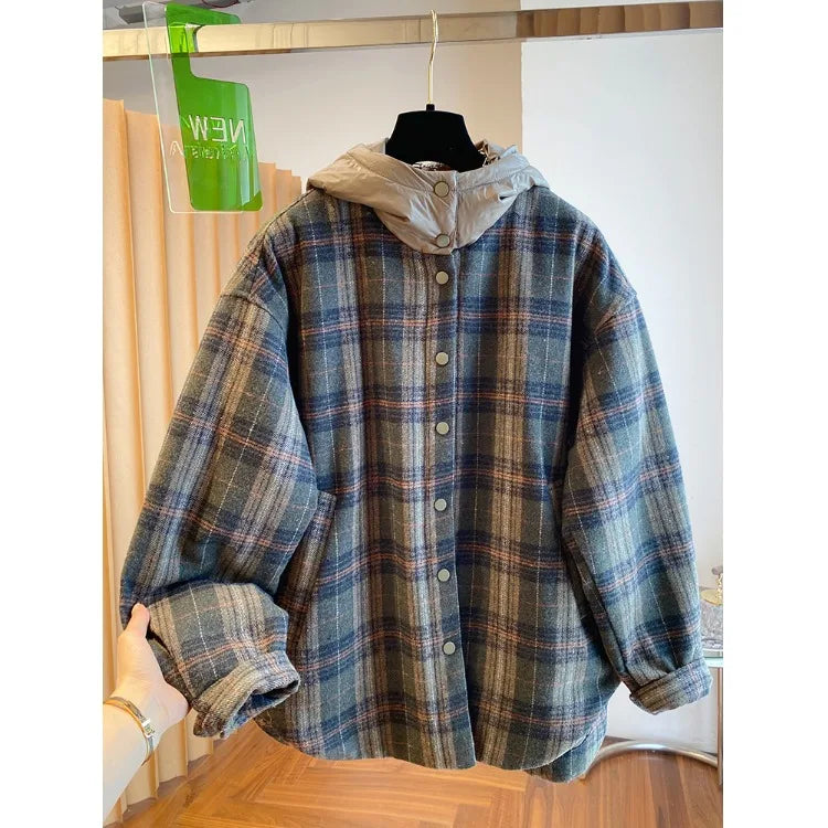 Winter Thiened Plaid Cotton Coat Women's Loose Korean Sle Hooded Jaet Long Sve Commute Faion Regular Length Single...