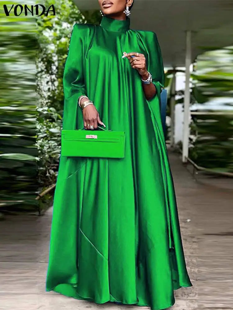 Elegant Evening Dress VONDA Women Pleated Stand Collar Long Sleeve Satin Party Sundress Autumn Casual Solid Loose Robe Vestidos