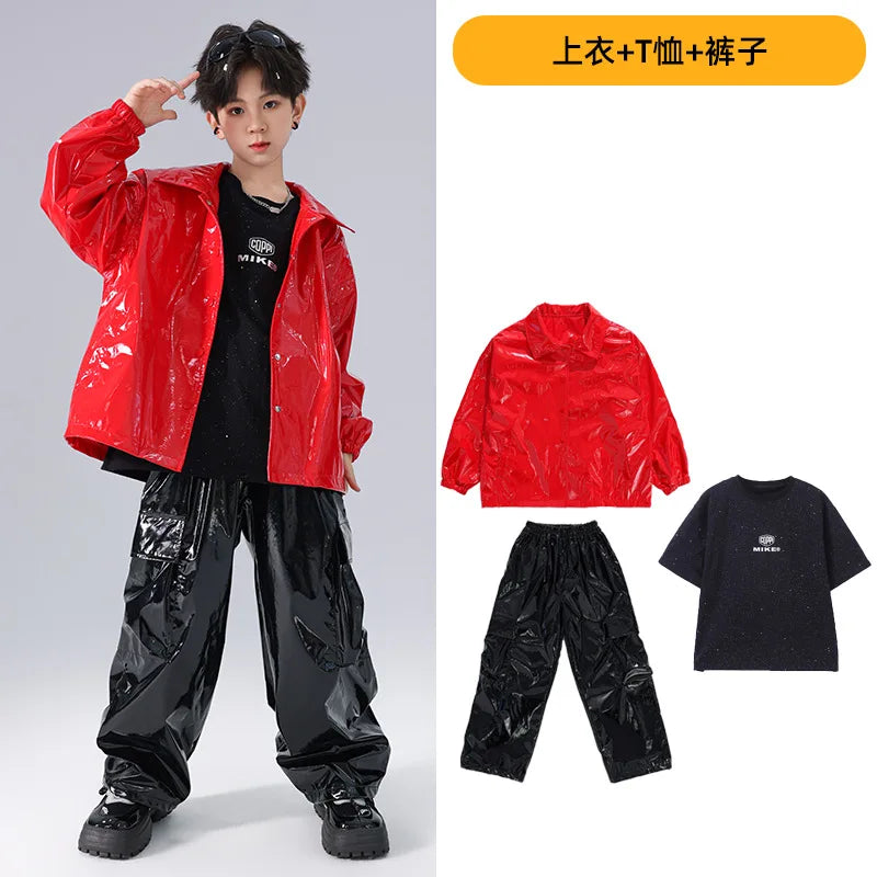 Boys K-pop Fashion Leather Jacket Street Dance Cargo Pants Girl Hip Hop Streetwear Kids Children Jazz Shiny Costume Clothes Sets