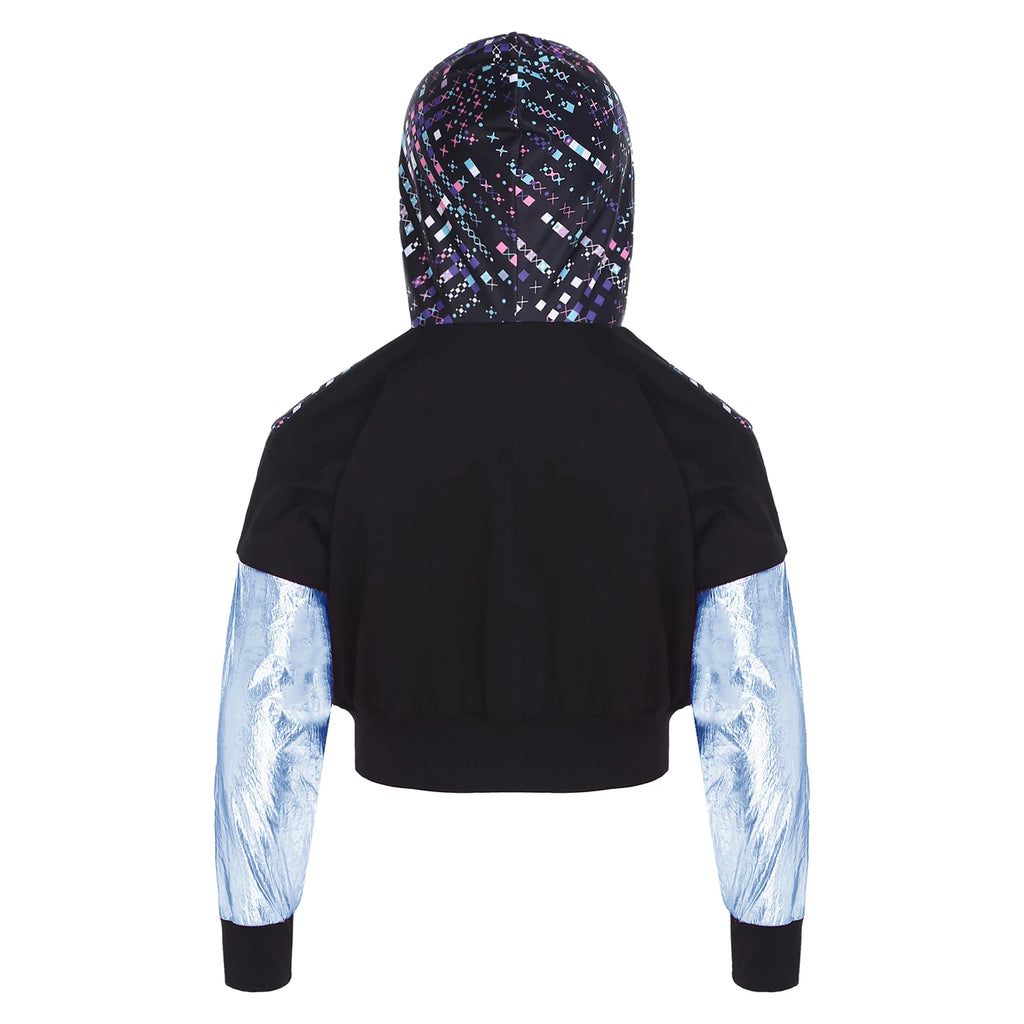 Girl Hooded Tops Long Sleeve Zipper Jacket Fashion Print Short Jacket Casual Coat Outerwear Jazz Dance Performance Costume
