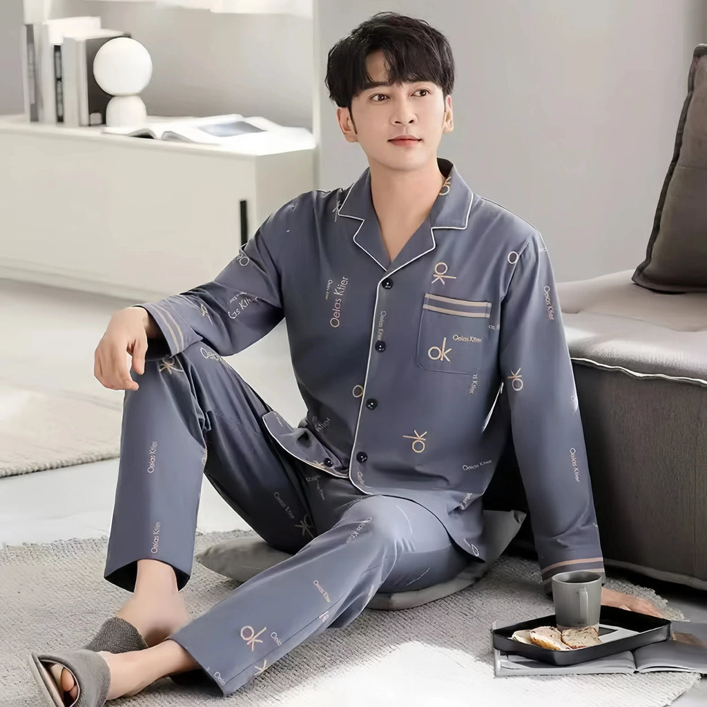 Men's Pajamas Can Be Worn Outside in Spring and Autumn, Cardigan Long-Sleeved New Casual Home Wear Men's Autumn and Winter Suits
