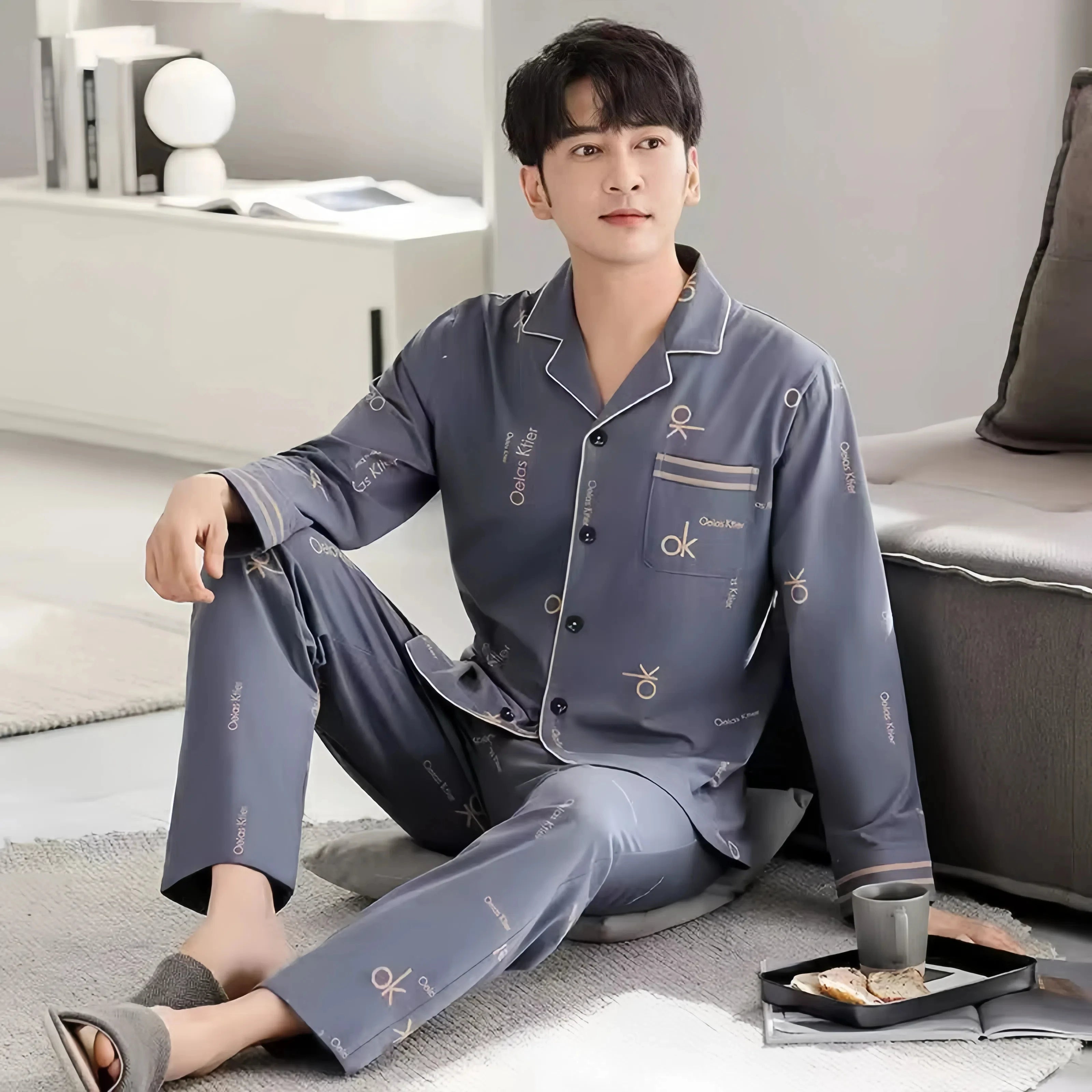 Men's Pajamas Can Be Worn Outside in Spring and Autumn, Cardigan Long-Sleeved New Casual Home Wear Men's Autumn and Winter Suits