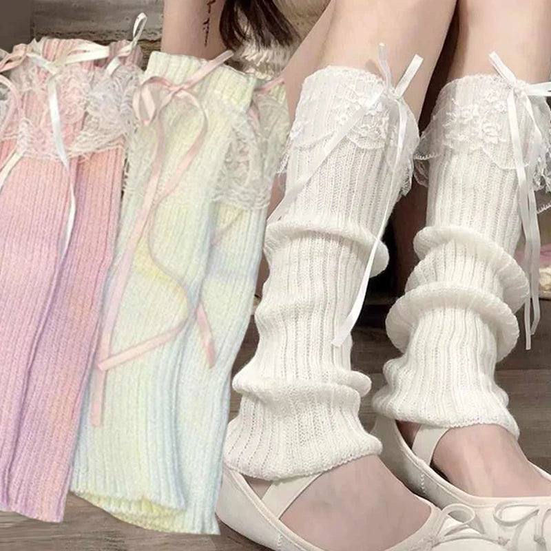 2025 New Woman Leg Warmers Autumn and Winter Ribbon Lolita Black Knee Warmers Long Socks JK Knitted Girl White Leg Warmers