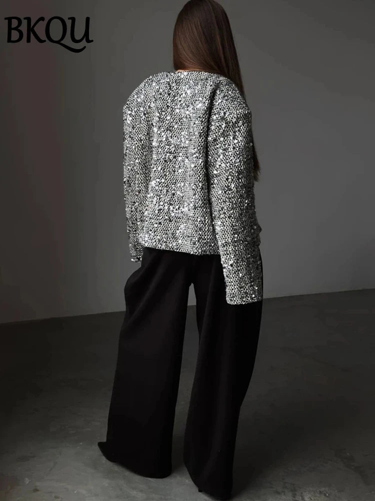 BKQU Tweed Sequined Jackets Women Casual Loose Round Neck Long Sleeved Cropped Silver Cardigan Autumn Female Warm Elegant Coats